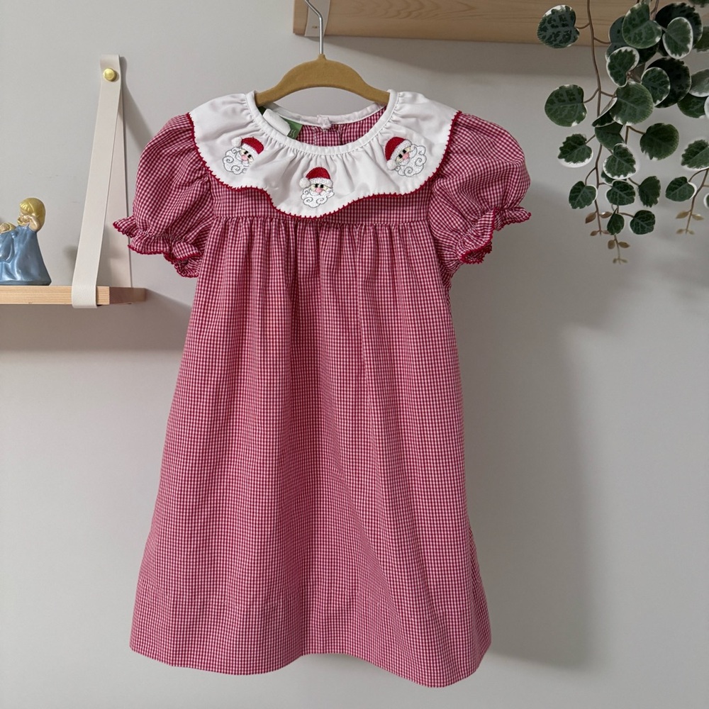 Santa Face Embriored Smocked Windowpane Dress 2T